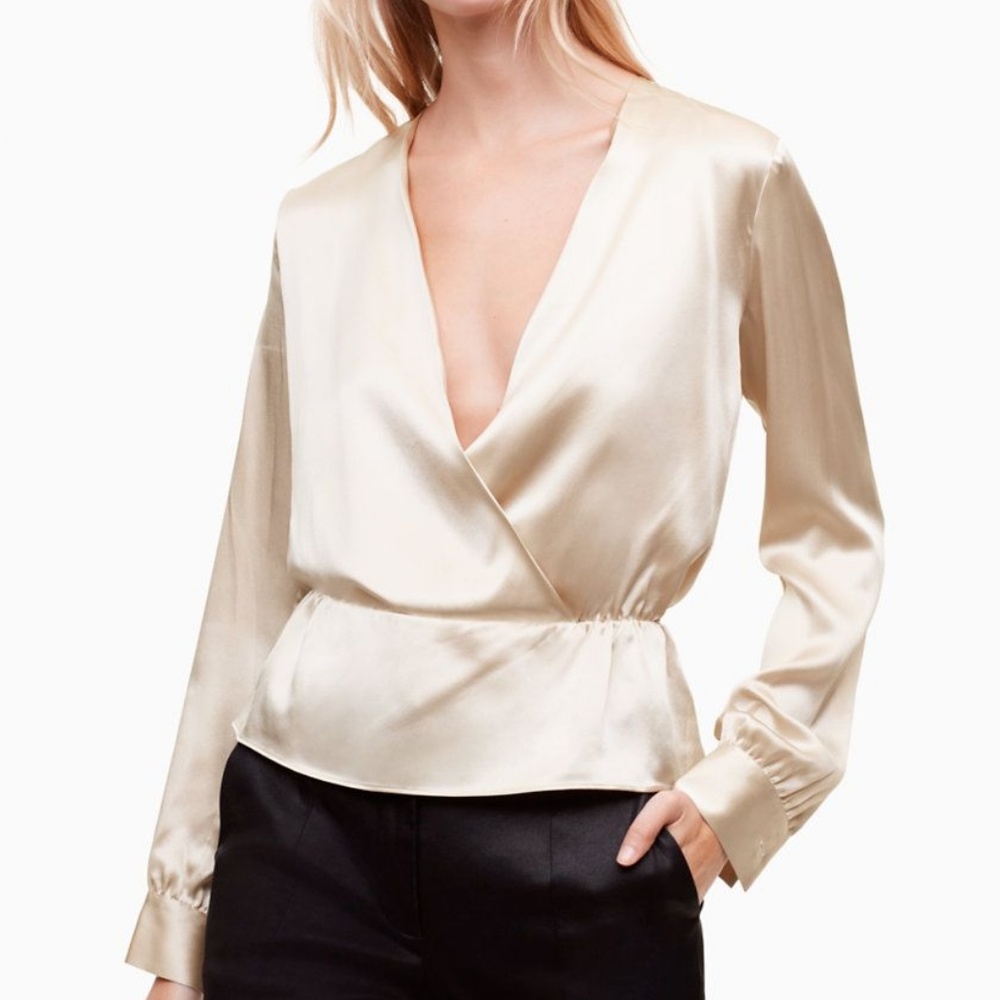 Aritzia 100% silk Champagne DeepV Silk Blouse
